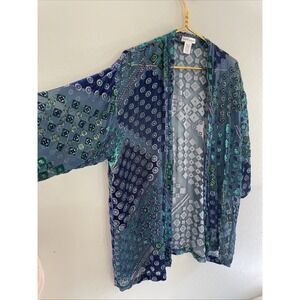 Draper's & Damons Sheer Purple Green Velvet Burnout Silk Blend Kimono Cardigan